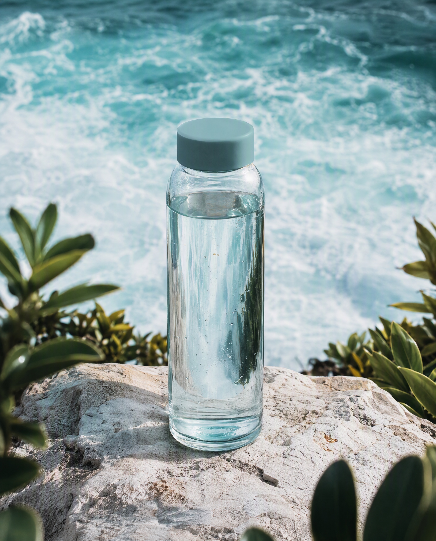 Reusable glass water bottle beside the sea